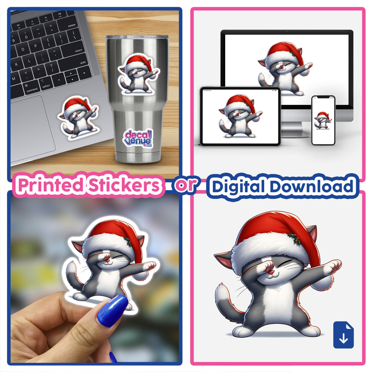 Dabbing Christmas Santa Cat in Hat: A collage featuring stickers and digital artwork of a cat wearing a Santa hat, displayed on various items like a laptop and a stainless steel cup.