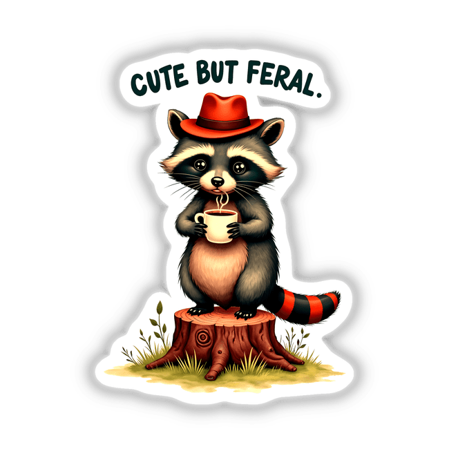 Cartoon raccoon holding a coffee cup with the quote Cute But Feral, available as stickers or digital artwork from Decal Venue.