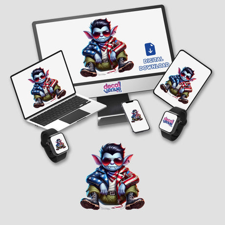 Patriotic Leather Vampire Aviator Sunglasses - Unique digital artwork featuring a stylized character in a patriotic outfit with sunglasses, displayed on various electronic devices.