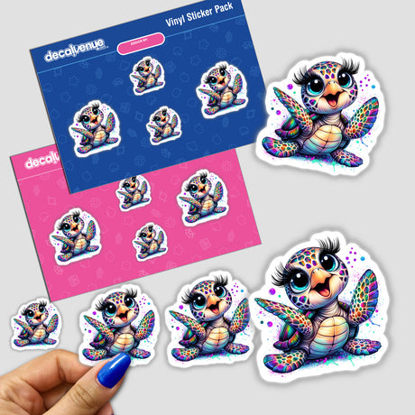 Playful Prismatic Sea Turtle Sticker Pack - Colorful digital artwork featuring a happy dancing sea turtle with vibrant, prismatic patterning displayed on a vinyl sticker sheet.