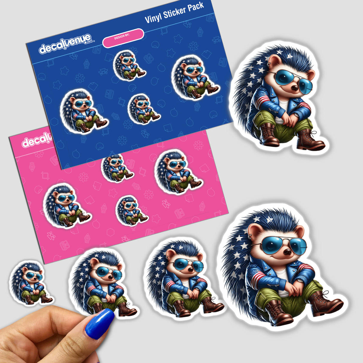 Patriotic Leather Hedgehog Aviator Sunglasses sticker pack featuring cartoon hedgehogs in various poses, some wearing sunglasses and jackets, perfect for unique decoration or digital artwork.