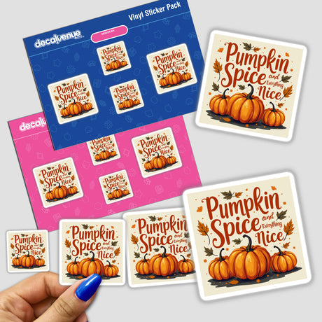 Hand holding a Pumpkin Spice and Everything Nice Thanksgiving Sticker & Clipart pack featuring pumpkins and leaves, available as stickers or digital artwork with commercial rights.