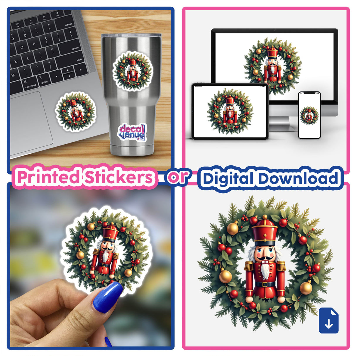 Nutcracker Soldier in a Christmas Wreath featured as a sticker and digital art. Collage shows the design on a laptop and held by a person, embodying Decal Venue's unique offerings.