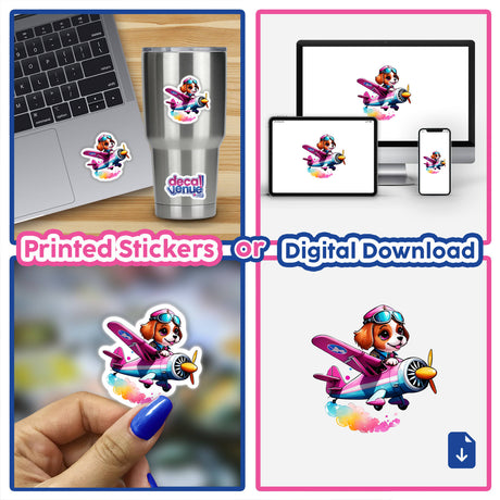 Collage showcasing Cute Dog in a Pink Vintage Plane: Sticker Design with various uses, including on a laptop, cup, and available as digital artwork.