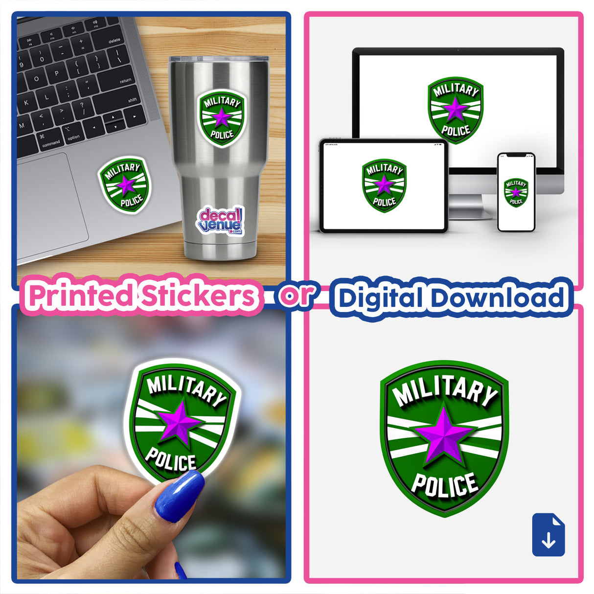 Military Police Shield Logo sticker on a laptop, showcasing a green and purple design with a star. Available as stickers or digital artwork, blending seamlessly into any tech surface.