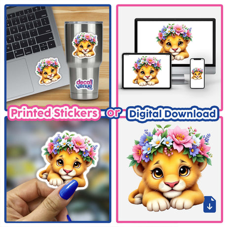 Majestic Lion Cub with a Blooming Flower Crown sticker displayed on a laptop, highlighting Decal Venue's unique artistic style in stickers and digital art.