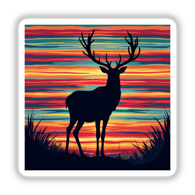 Silhouette of a reindeer with antlers against bold color stripes, available as stickers or digital artwork, titled Reindeer Silhouette with Bold Color Stripes Christmas.