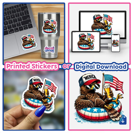 Patriotic digital artwork of a hawk wearing an "Merica" cap and holding the American flag, displayed on a laptop, phone, and as a physical sticker. The image showcases the product offerings from the Decal Venue store, which specializes in unique stickers and digital art.