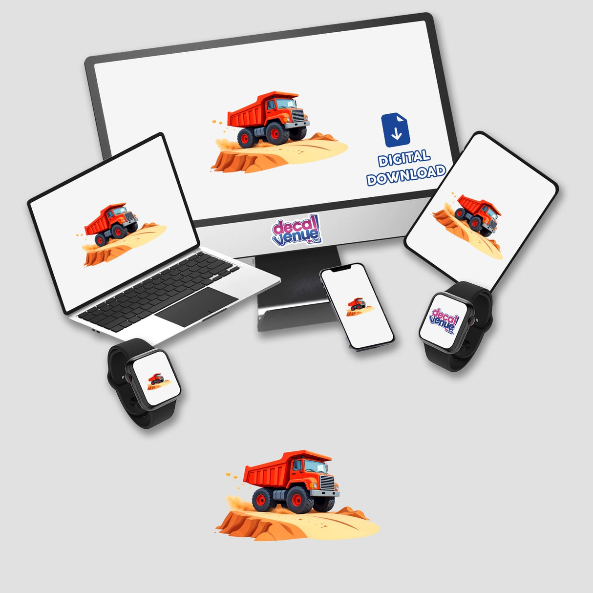 A Red Dump Truck displayed across various screens including a laptop, tablet, and smartwatch, showcasing Decal Venue's unique stickers and digital artwork offerings.