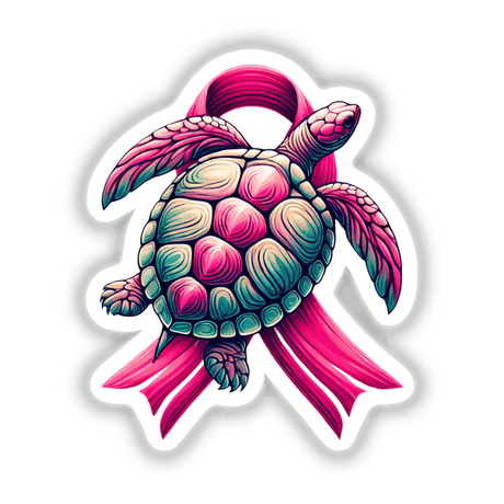 Turtle Pink Ribbon Breast Cancer: Illustrated sticker or digital artwork of a colorful turtle adorned with a pink ribbon, symbolizing breast cancer awareness.