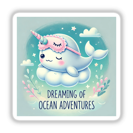 Napping Narwhal - Dreaming of ocean adventures: A whimsical cartoon narwhal with a unicorn horn rests on a cloud, available as stickers or digital artwork from Decal Venue's unique collection.