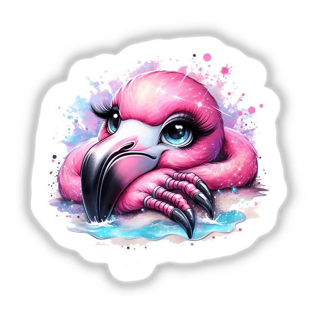 Colorful digital artwork depicting a whimsical pink flamingo bird with a sharp beak and expressive eyes against a vibrant, splattered background.