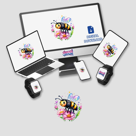 Bumblebee Bliss: Cute Bee on a Pink Flower displayed on a computer monitor and laptop screen, emphasizing the product's availability as stickers or digital artwork.