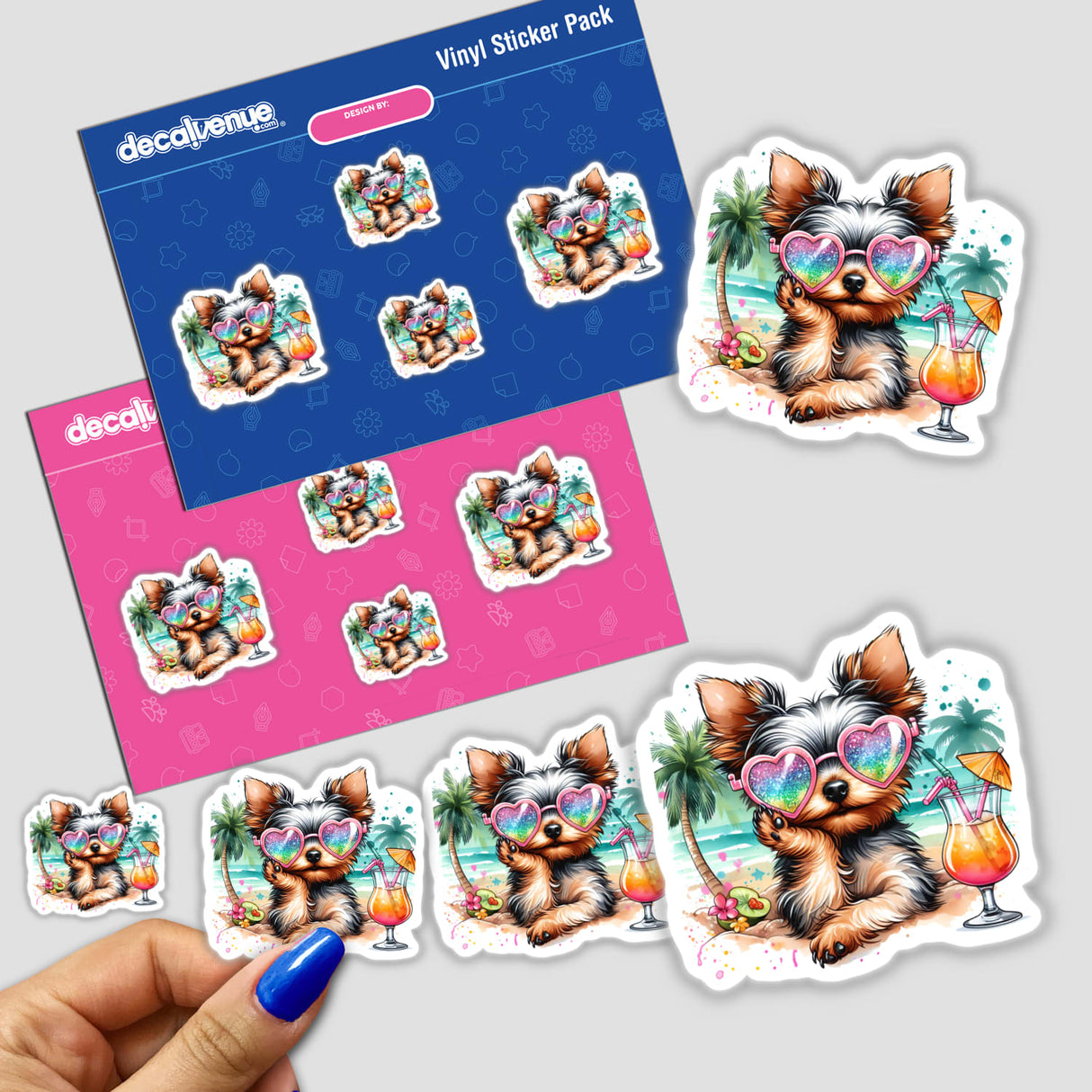 Adorable Yorkie dog enjoying a tropical vacation, wearing sunglasses and relaxing with cocktails on the beach. Colorful digital artwork stickers featuring the cute pup in a lively, summery scene.