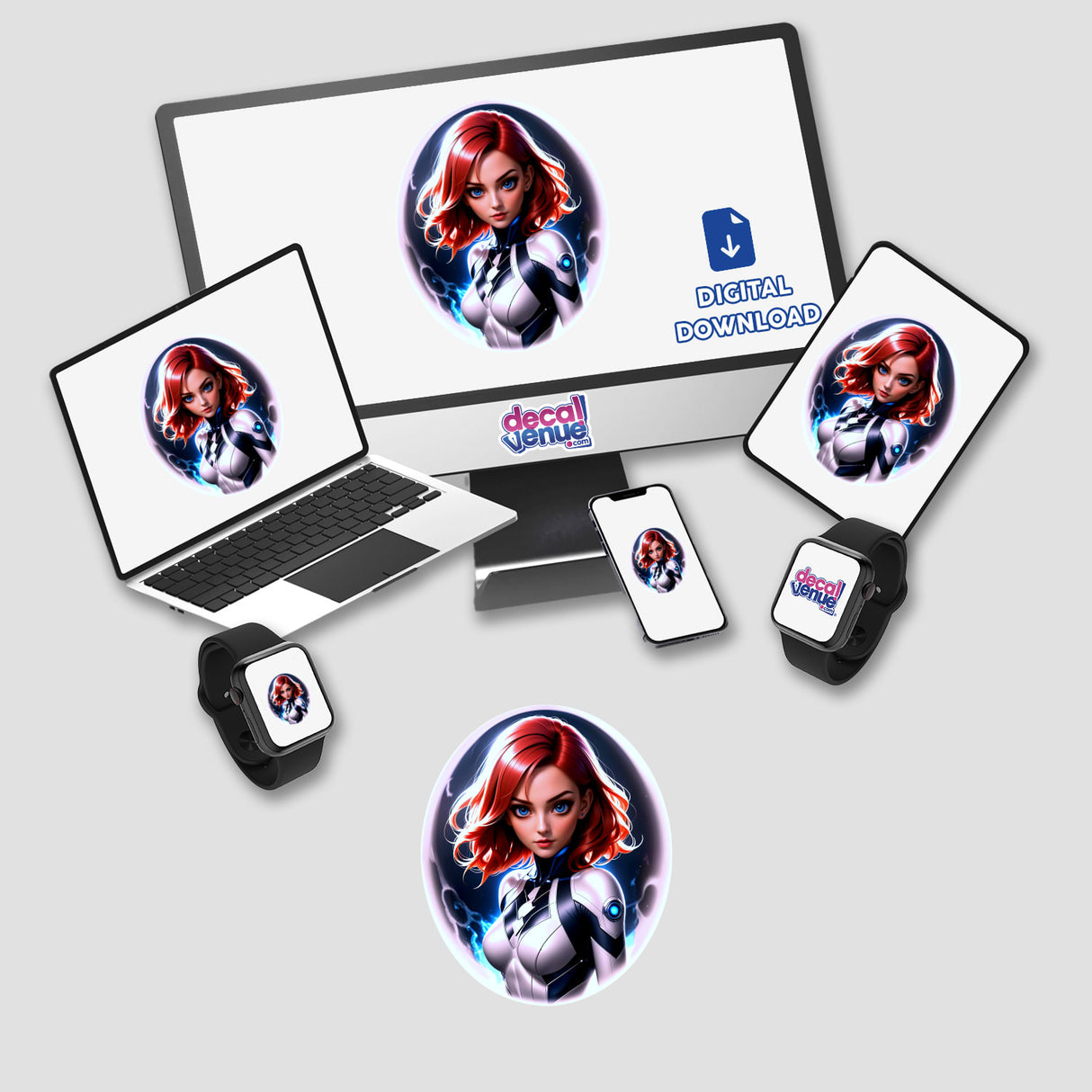 A Cute Anime Superhero Girl displayed on a computer monitor and laptop, available as stickers or digital artwork from Decal Venue.