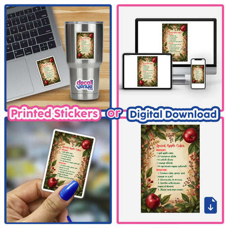 Spiced Apple Cider Recipe Clipart – Stickers or Printable Download with Commercial Rights, featuring a collage with a laptop, phone, recipe screenshot, and close-ups of red apples.