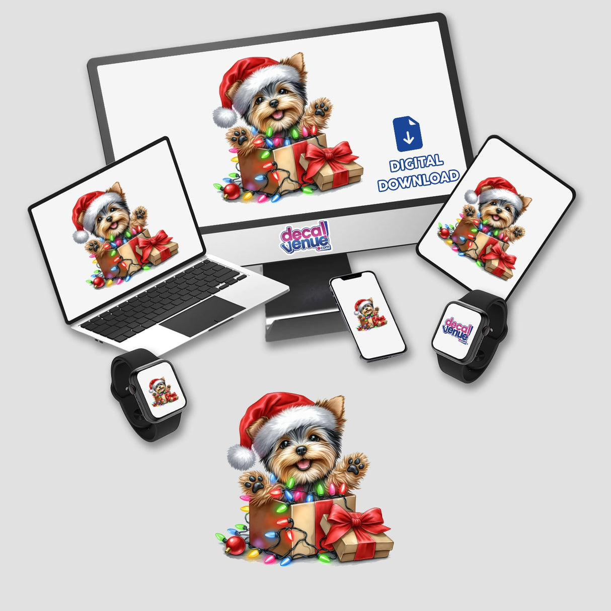 Christmas Lights Santa Yorkie in Gift Box IV features a cute Yorkie wearing a Santa hat, surrounded by festive lights, available as stickers or digital artwork.