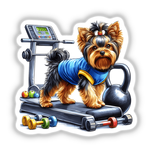 Yorkie Fitness Dog on Treadmill - Adorable Yorkshire Terrier in exercise attire on a treadmill surrounded by workout equipment.