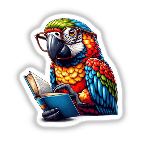 Parrot With Reading Glasses Open Book: A vibrant cartoon parrot, wearing glasses, engrossed in a book. Available as stickers or digital artwork from Decal Venue.