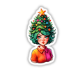 Sticker Design: Christmas Tree Lady with a Festive Xmas Tree Hat, featuring a cartoon woman with a decorated Christmas tree as her hat, available as stickers or digital artwork.