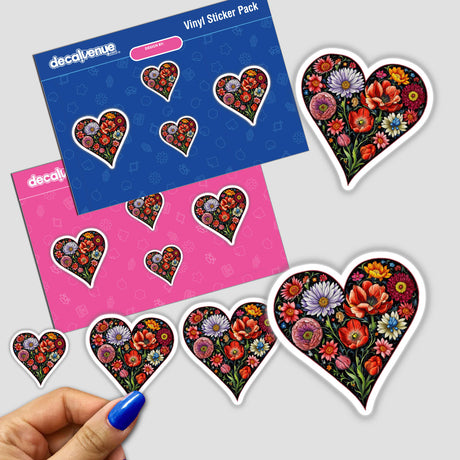 Colorful Heart with Vibrant Flowers sticker, featuring intricate floral designs within a heart shape, perfect for adding a unique touch to surfaces. Available as a sticker or digital artwork.