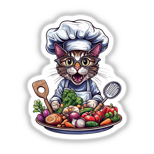 Chef Cat with Vegetables and Cooking Utensils: A cartoon cat wears a chef's hat and apron, surrounded by vegetables and cooking tools. Available as stickers or digital artwork.