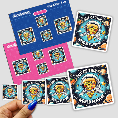 Hand holding a sticker pack featuring the Pizza Planet - Out of this world flavor design, showcasing a cartoon pizza astronaut in space, available as stickers or digital artwork.