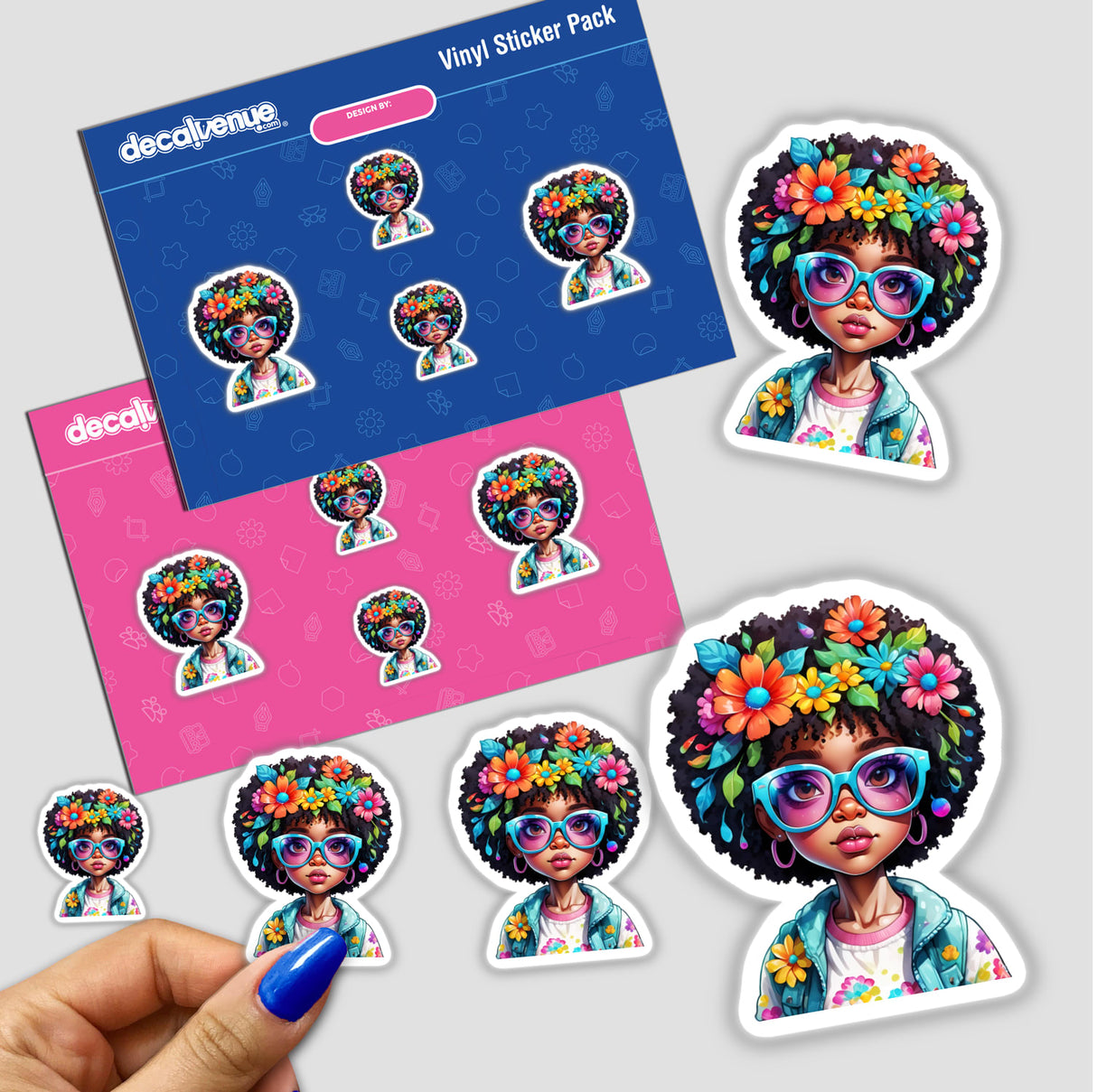 Stickers featuring Trendy Afro Girl with Cool Glasses in cartoon style, with flowers in her hair. Available as individual stickers or in a sticker pack.