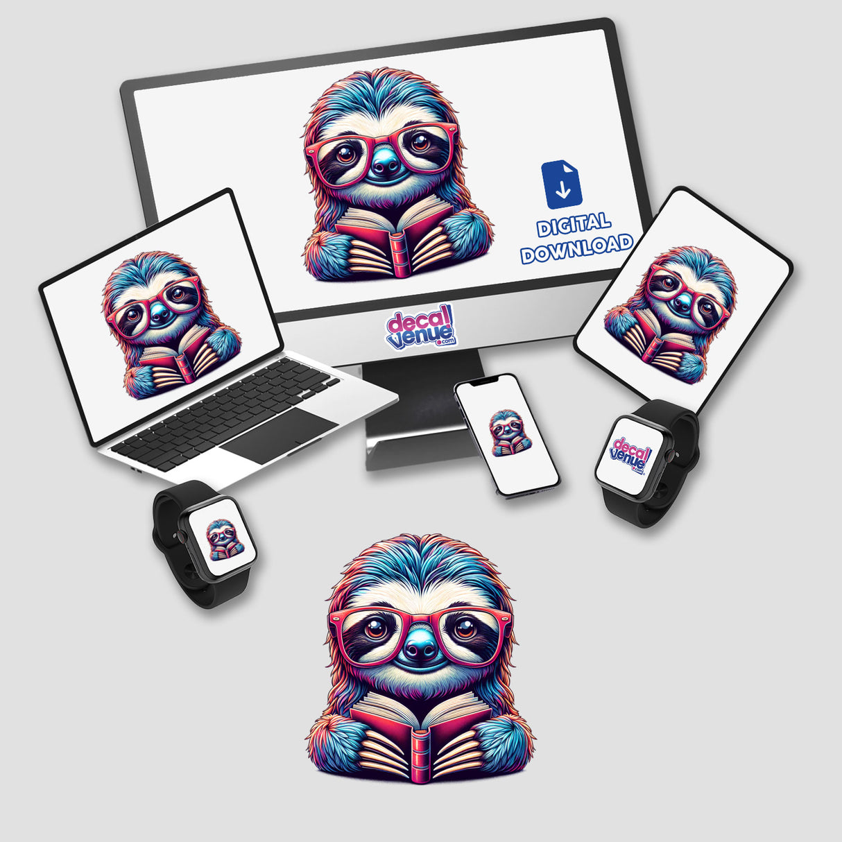 Sloth With Reading Glasses Open Book depicted on various devices, showcasing a cartoon sloth enjoying a book. Available as stickers or digital artwork from Decal Venue.