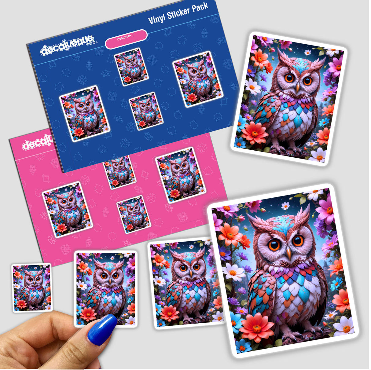 A sticker titled A Lovely Owl With Blooming Flowers features a cartoon owl adorned with vibrant flowers. A hand showcases the sticker, representing Decal Venue's unique vinyl sticker collection.