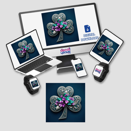 Silver Filigree Shamrock sticker or digital artwork featuring an ornate clover with vibrant floral accents displayed on electronic devices, highlighting its intricate design from Decal Venue's unique collection.