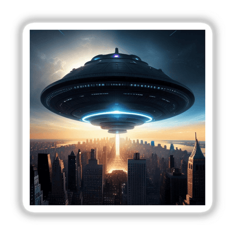 Futuristic UFO hovering over a city at sunset, digital sci-fi landscape, advanced alien spacecraft