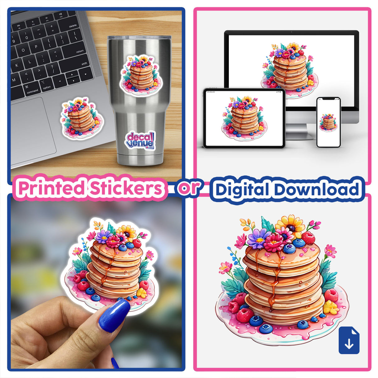 Floral Pancake Stack: A collage featuring stickers and digital artwork of a stack of pancakes adorned with flowers and syrup, available at Decal Venue.