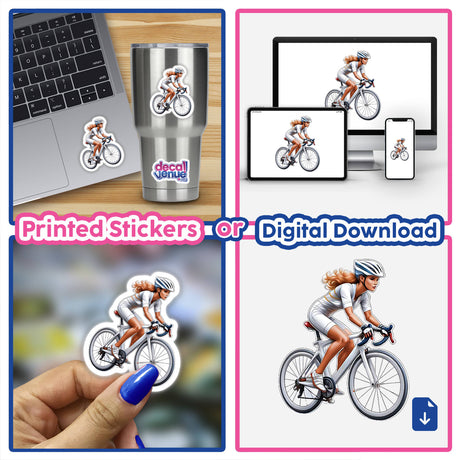 Colorful cycling artwork featuring a woman cyclist in various product placements, including a laptop, mobile devices, and a tumbler. The digital artwork showcases the cyclist in dynamic motion, highlighting the product's sticker and digital download options for customers to express their passion for cycling.