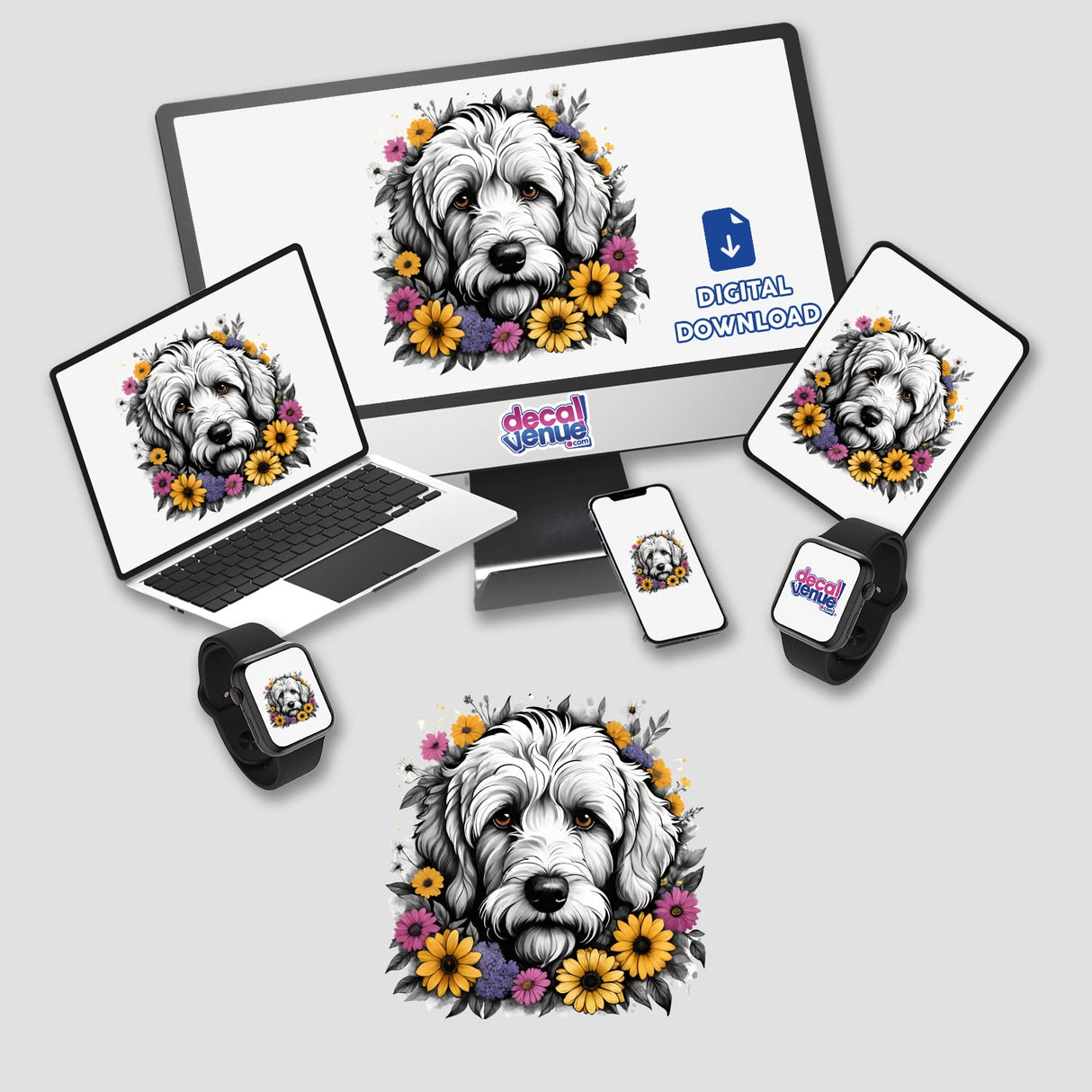 Goldendoodle Dog Portrait Floral Accents PA49