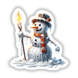 Melting Snowman with Candlestick Torch sticker or digital artwork featuring a LEGO-style snowman partially melting, holding a candlestick torch. Perfect for adding a whimsical touch to your collection.