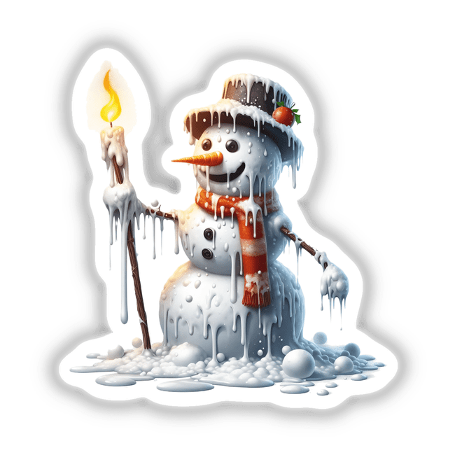 Melting Snowman with Candlestick Torch sticker or digital artwork featuring a LEGO-style snowman partially melting, holding a candlestick torch. Perfect for adding a whimsical touch to your collection.