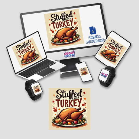 Stuffed Like a Turkey Funny Thanksgiving Sticker features a cartoon turkey on digital screens, symbolizing holiday humor. Available as stickers or digital artwork, perfect for festive creativity.