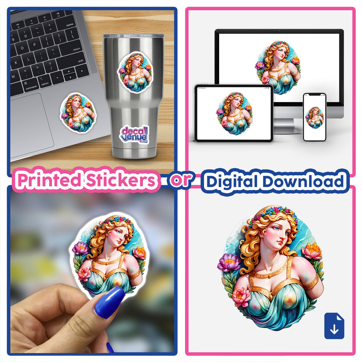 Sticker Design of Marble Statue of Aphrodite: Timeless Greek Art Aesthetic displayed in a collage showcasing various uses on laptops, cups, and nails, highlighting its versatile appeal.