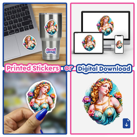 Sticker Design of Marble Statue of Aphrodite: Timeless Greek Art Aesthetic displayed in a collage showcasing various uses on laptops, cups, and nails, highlighting its versatile appeal.