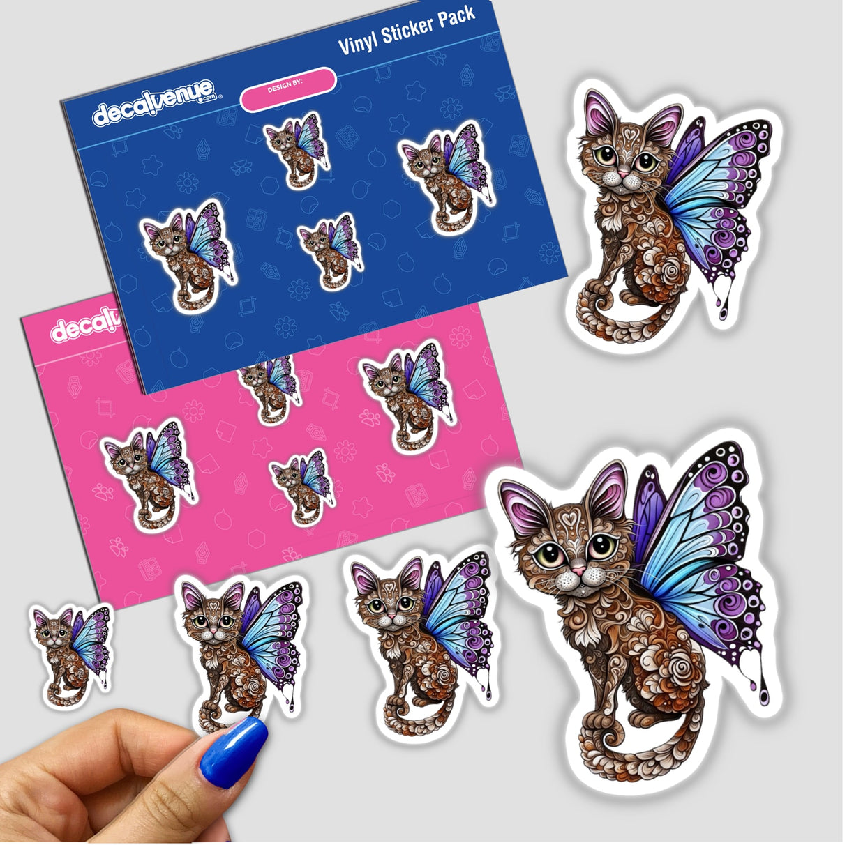 Whimsical Cat with Intricate Butterfly Wings and Decorative Patterns sticker, showcasing a cat with vibrant wings, perfect for lovers of unique vinyl stickers and digital art from Decal Venue.