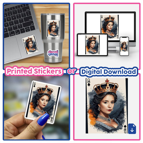 Collage featuring a laptop displaying a queen's image and a card, representing the WINTER sticker or digital artwork from Decal Venue, known for unique creative designs.