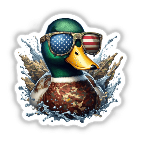 Mallard Duck Camo Splash depicts a duck wearing sunglasses with an American flag design, available as unique vinyl stickers or digital artwork from Decal Venue, specializing in distinctive aquatic bird-themed decor.