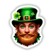 St. Patrick's Day Leprechaun illustration featuring a cartoon bearded leprechaun with a green hat and four-leaf clovers, available as stickers or digital artwork from Decal Venue.