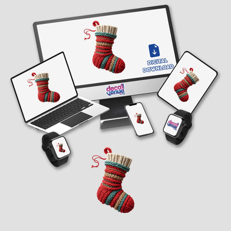 Yarn Christmas Stocking displayed on a computer monitor and laptop, showcasing its design as part of Decal Venue's unique stickers or digital artwork collection.