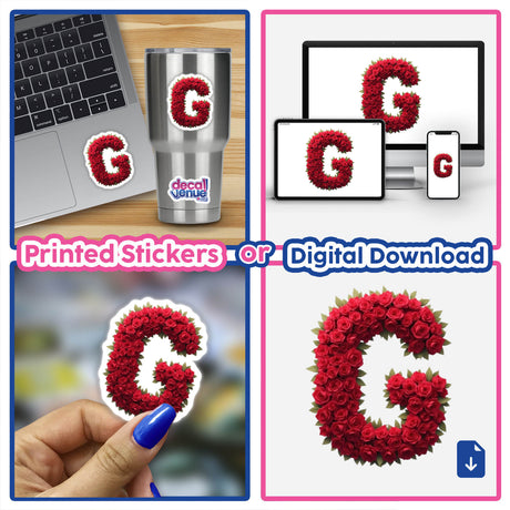 Elegant Floral Letter G Clipart - Downloadable Sticker with Commercial Rights: Collage showcasing a laptop, hand with blue painted fingernail, and letter G made of roses, emphasizing digital artwork elements.