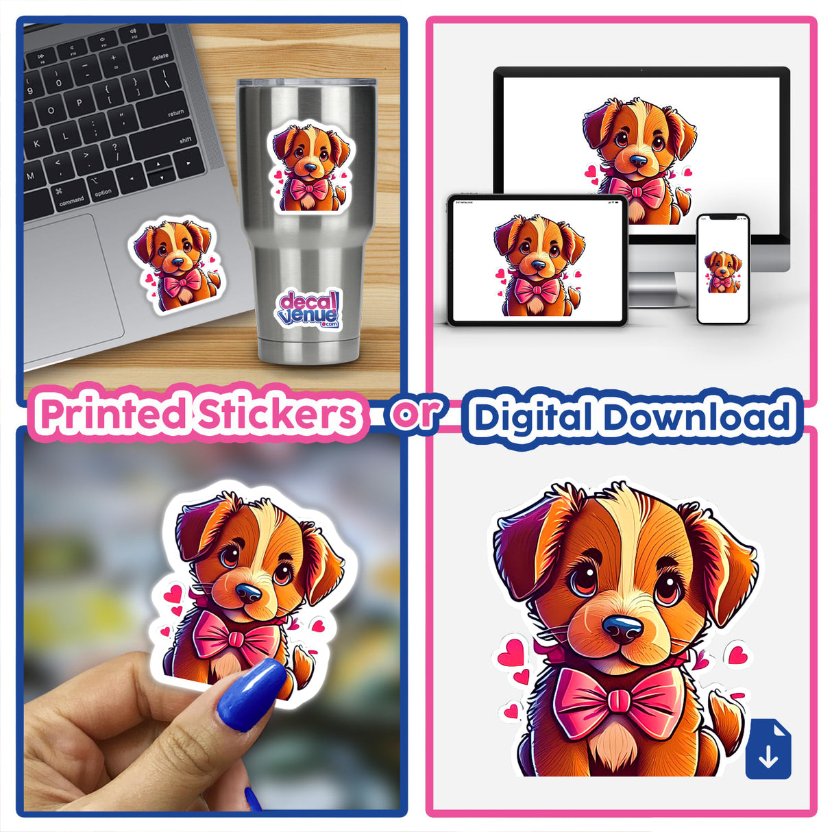 Collage of Puppy stickers and digital artwork, including close-ups of stickers on various surfaces like laptops and cups, featuring cartoonish dogs in different poses and accessories.