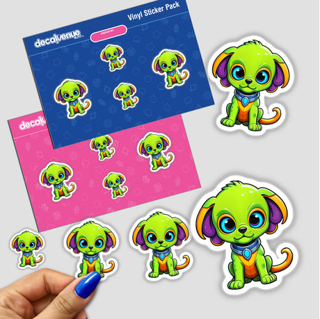 Hand holding a pack of Cute Puppy From Outer Space stickers, featuring various cartoon dogs with expressive eyes. Available as stickers or digital artwork from Decal Venue.