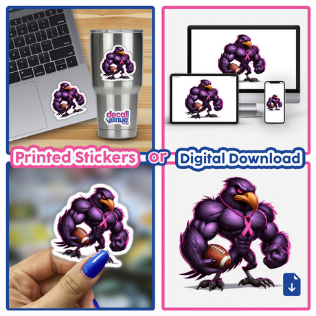 Muscular Purple Raven Bird Football Breast Cancer Awareness II collage featuring stickers and digital artwork of a cartoon purple bird holding a football, showcased on various items.