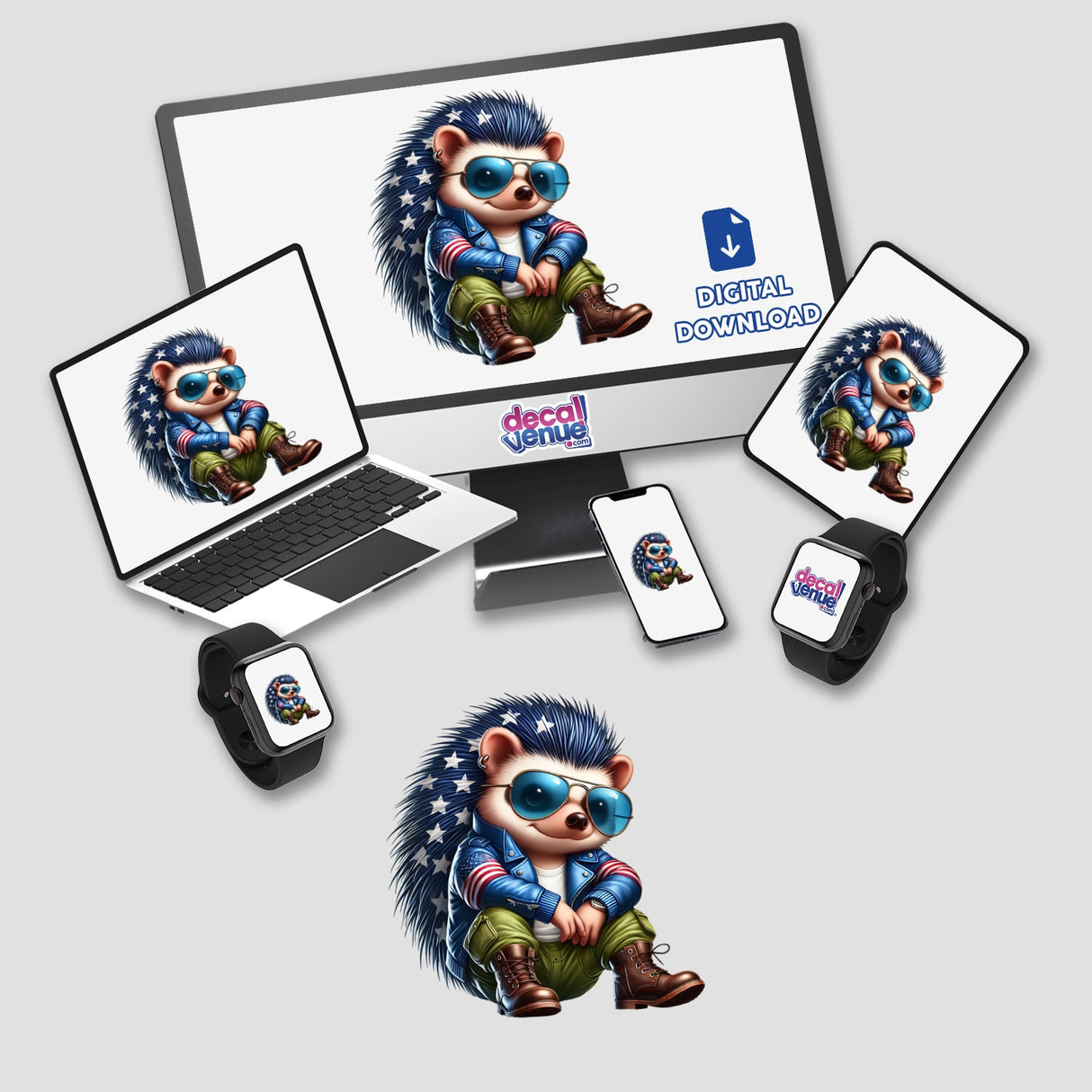 Computer monitor and laptop displaying a Patriotic Leather Hedgehog Aviator Sunglasses cartoon character, available as stickers or digital artwork.